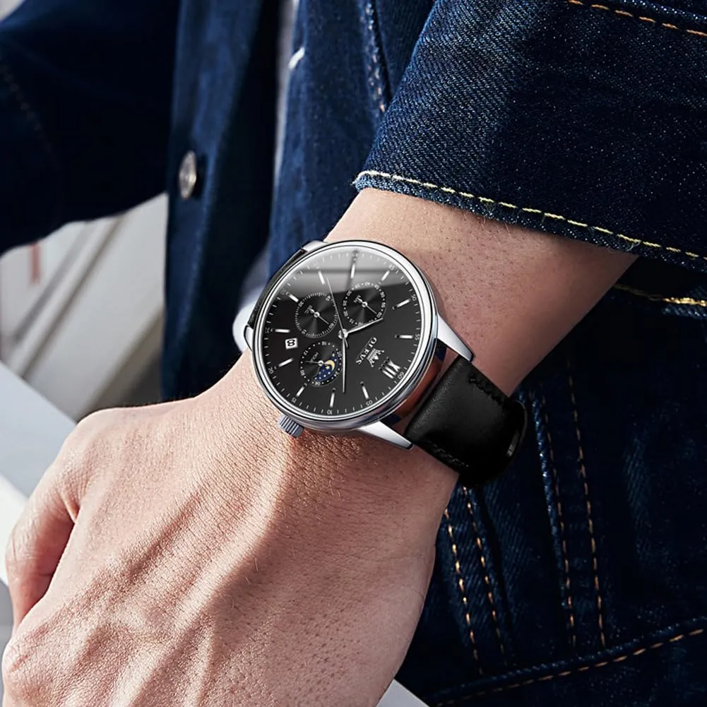 Chronograph Big Face Leather Date Calendar detergent chalk Moon Phase Mens Wrist Watch Quartz Analog Luminous Waterproof Dress Men Watch OLEVS Watches for Men 