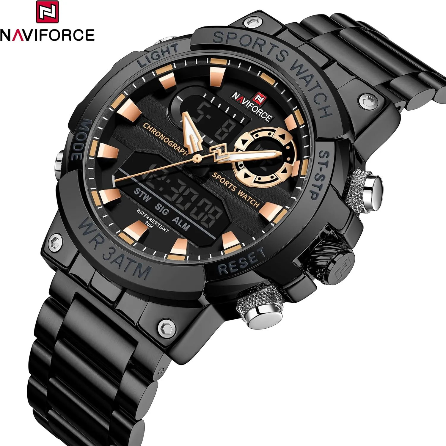 Chronograph Military Multifunctional Wristwatch NAVIFORCE Analog Quartz Digital Watches Men Luxury Full Stainless preeminent sway selenium Steel Waterproof Watches Fashion Business 