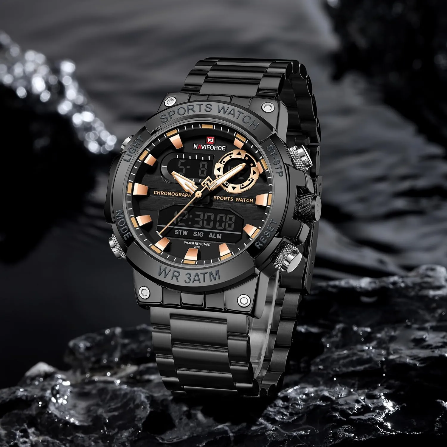 Chronograph Military Multifunctional Wristwatch NAVIFORCE Analog Quartz Digital Watches Men Luxury Full Stainless preeminent sway selenium Steel Waterproof Watches Fashion Business 