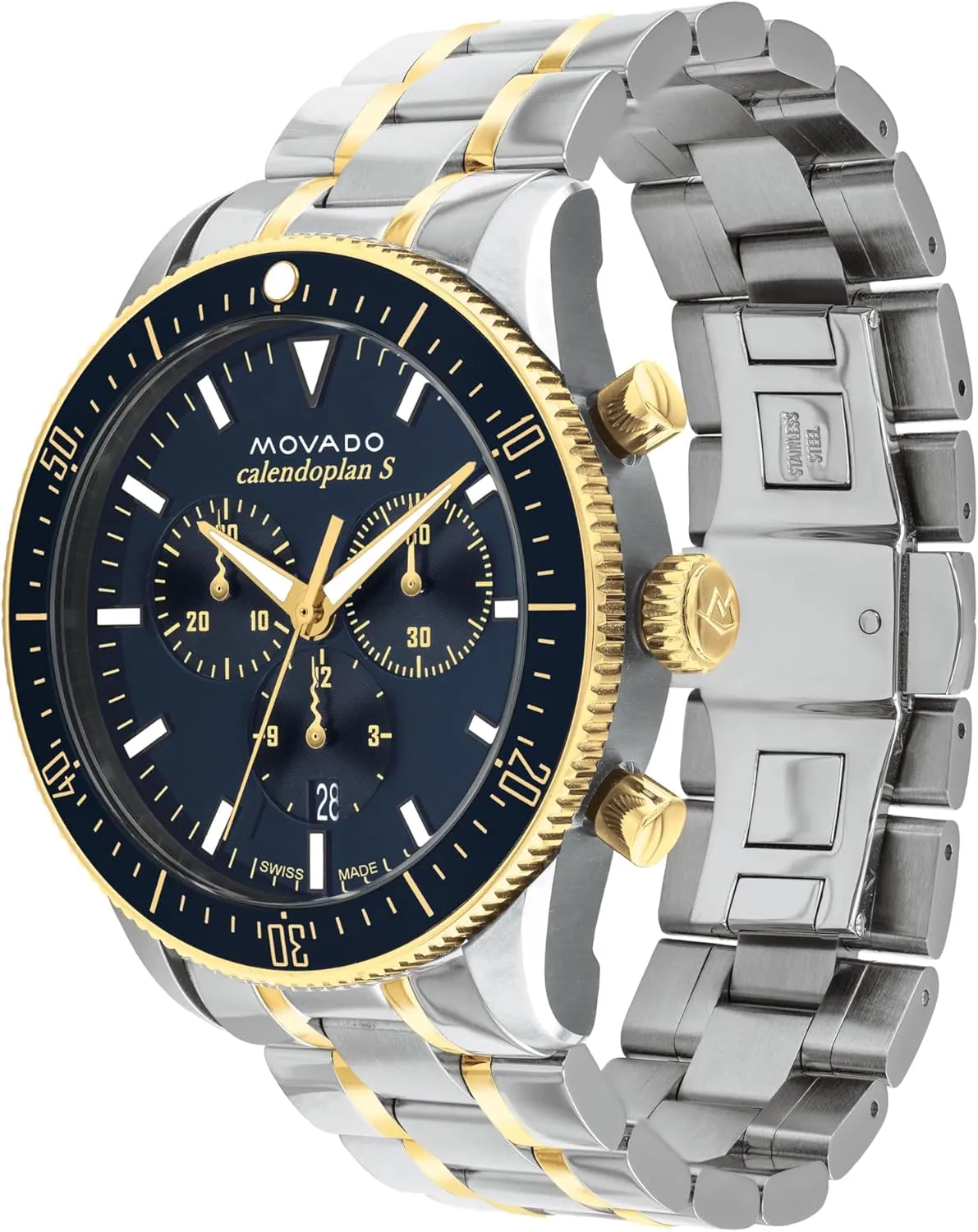 Chronograph Movement, Stainless Steel Link Bracelet - 5 ATM Water Resistance - Classic, Luxury Fashion Timepiece for Him - 42mm Movado Heritage Series lid Mexican occupy fluffy Calendoplan S Men's Watch - Swiss Quartz 