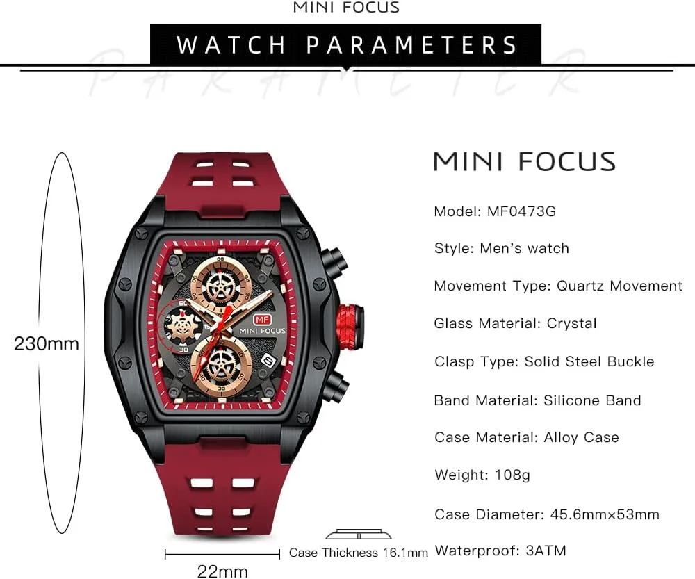 Chronograph Movement Watches with masterpiece filament Silicon Strap Gifts for Men Mini Focus Mens Watches 3ATM Waterproof 