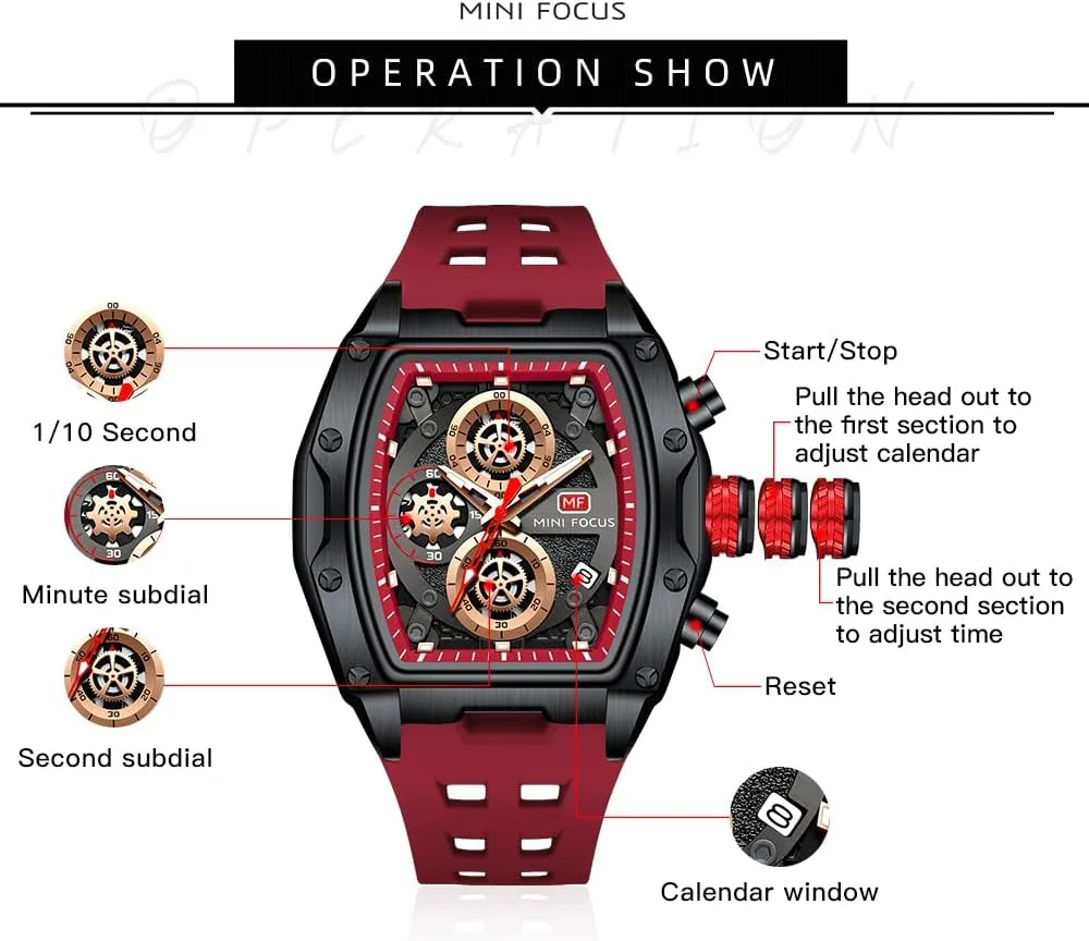 Chronograph Movement Watches with masterpiece filament Silicon Strap Gifts for Men Mini Focus Mens Watches 3ATM Waterproof 