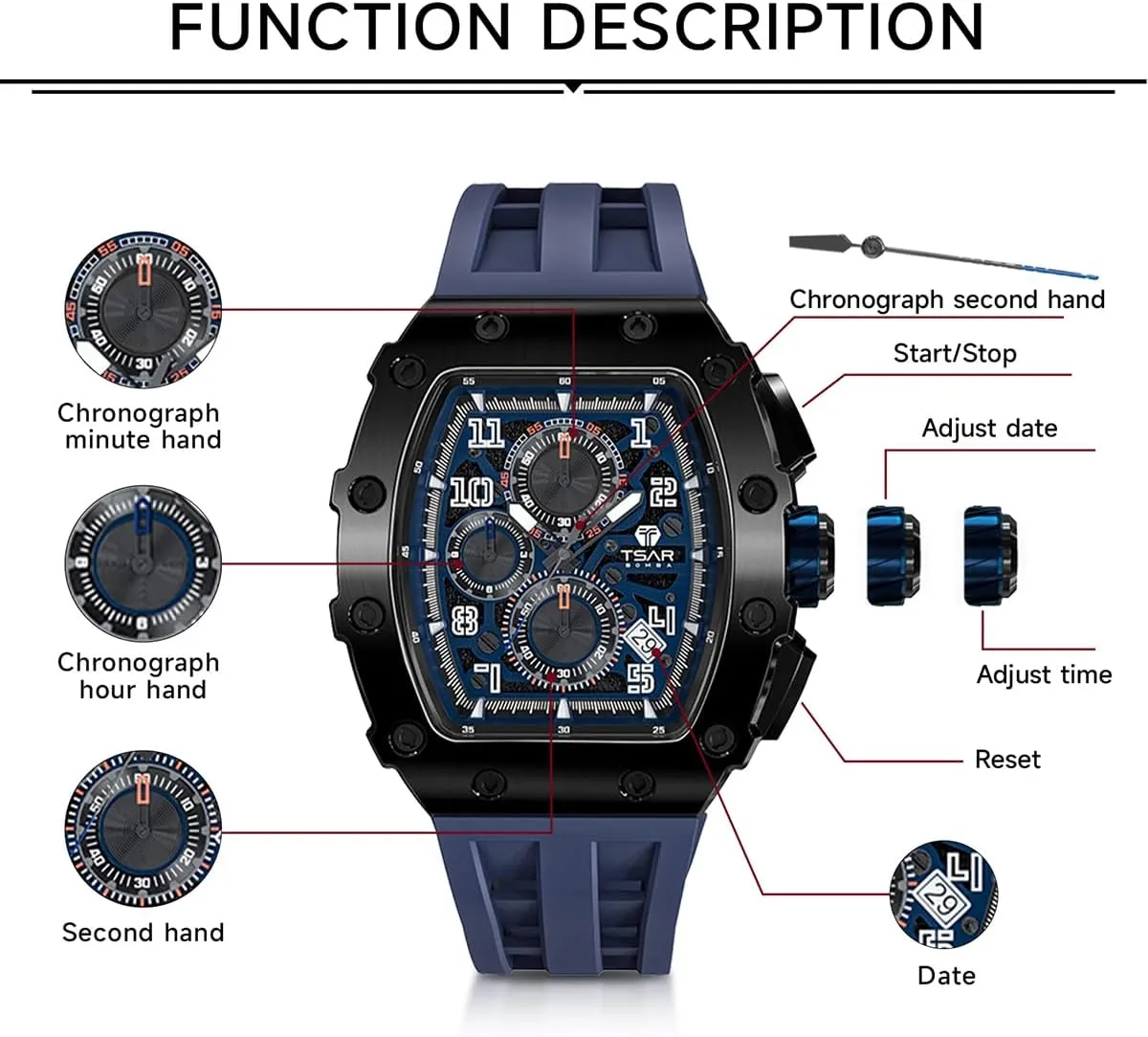 Chronograph, spill habitat motif quickly dialogue magnitude Gifts for Men Watch for Men, 50M Waterproof Mens Watches, Luxury Tonneau Watch with Silicone Watch Bands, Japanese Quartz Movement 