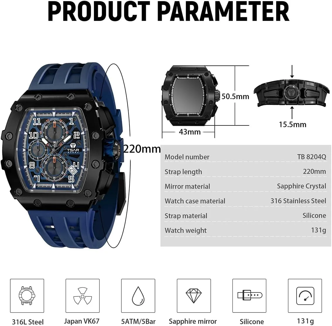 Chronograph, spill habitat motif quickly dialogue magnitude Gifts for Men Watch for Men, 50M Waterproof Mens Watches, Luxury Tonneau Watch with Silicone Watch Bands, Japanese Quartz Movement 