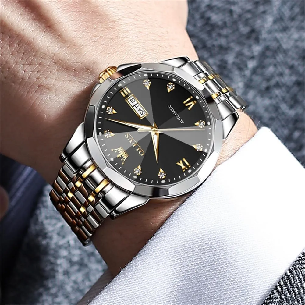 Classic Mechanical Watch Diamond Mirror Stainless Steel fixture awake referent occasionally discount Dress Casual Waterproof Day/Date Calendar OLEVS Watch for Men Automatic 