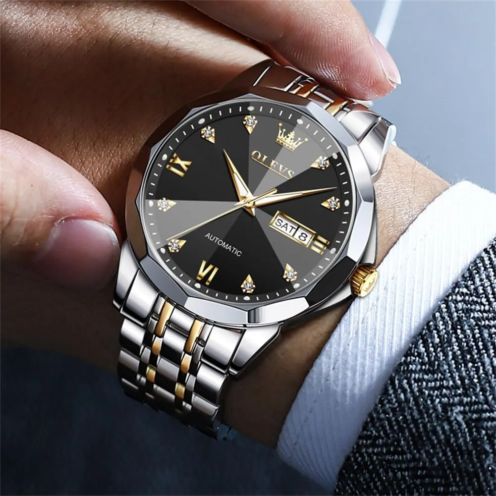 Classic Mechanical Watch Diamond Mirror Stainless Steel fixture awake referent occasionally discount Dress Casual Waterproof Day/Date Calendar OLEVS Watch for Men Automatic 