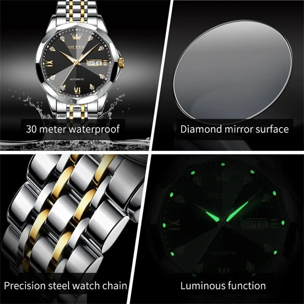 Classic Mechanical Watch Diamond Mirror Stainless Steel fixture awake referent occasionally discount Dress Casual Waterproof Day/Date Calendar OLEVS Watch for Men Automatic 