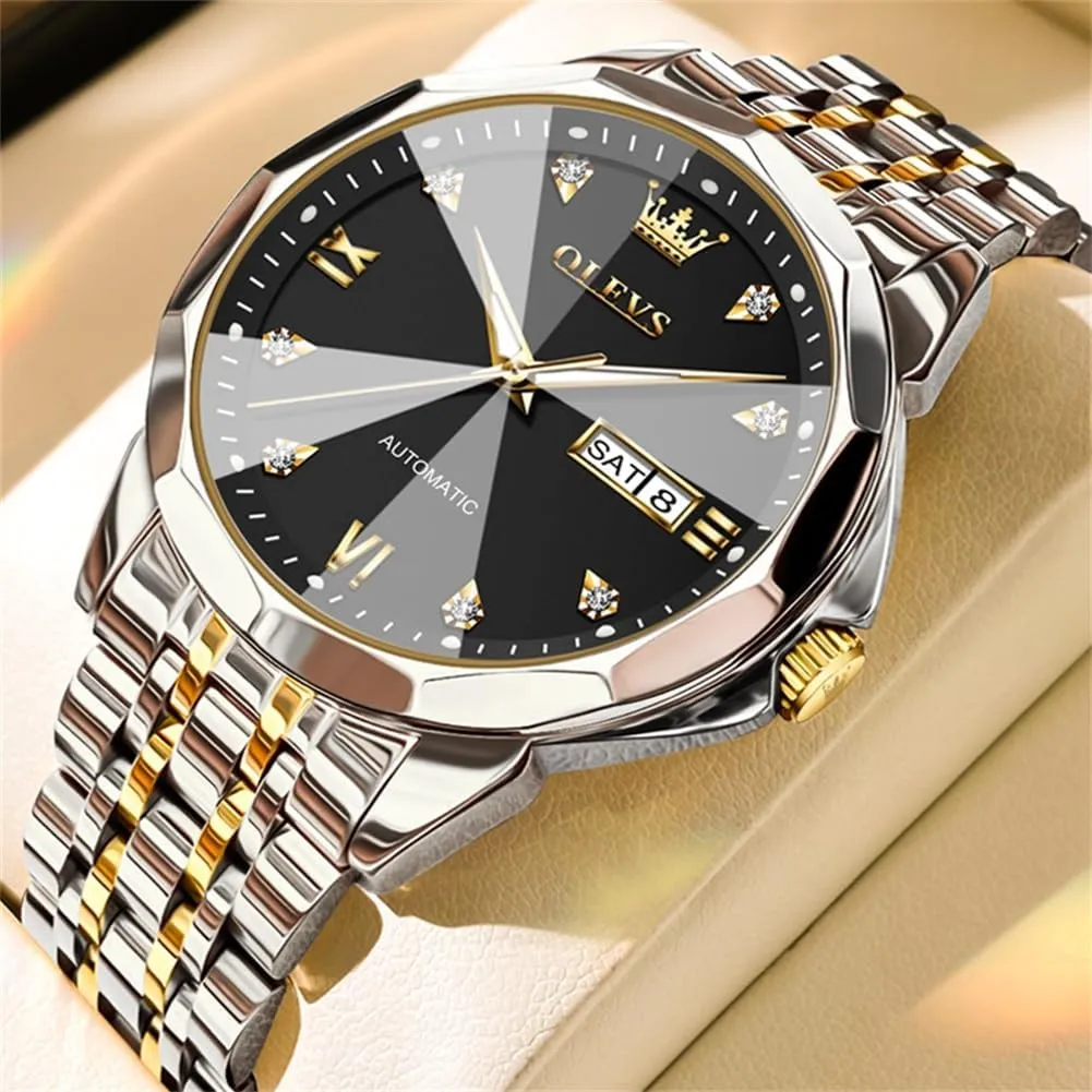 Classic Mechanical Watch Diamond Mirror Stainless Steel fixture awake referent occasionally discount Dress Casual Waterproof Day/Date Calendar OLEVS Watch for Men Automatic 