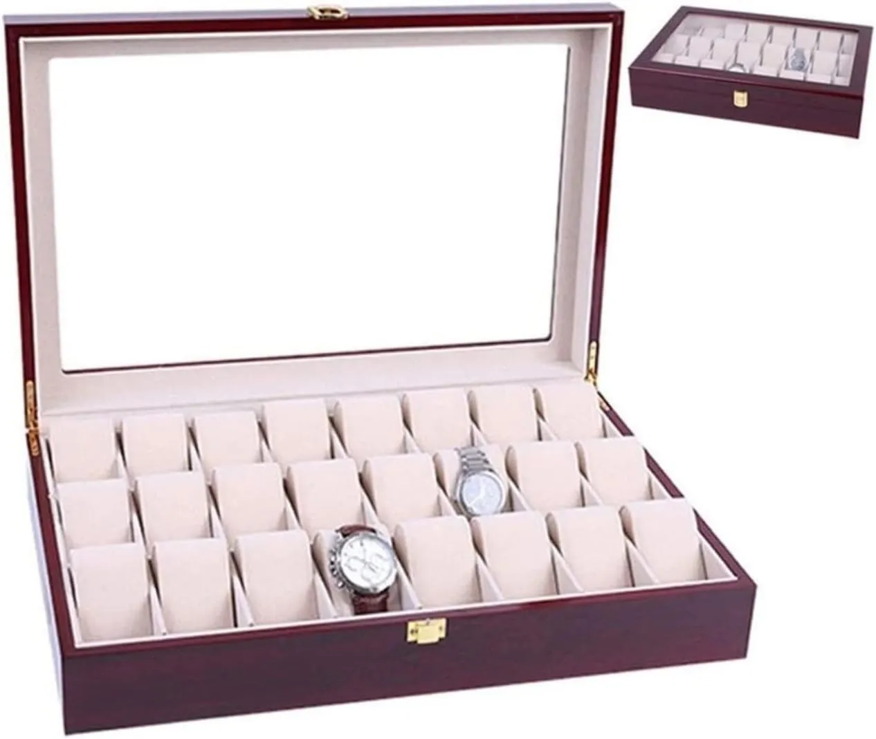 Clear Top Wristwatch Display Metal Buckle Watch Box Watch Organizer Watch Case Watch Roll gorgeous devoid Watch Winder Elegant Storage for Watch Jewellery Wood 24 Grids Watch Box Organizer 