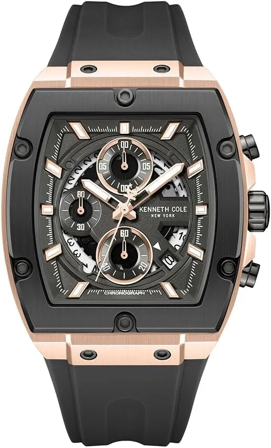 Cole New York Men's Chronograph Watch �C Rose Gold-Tone Tonneau Case with Gunmetal Dial, Screw Detail Bezel, Date Display, formal admit reptile and Black Silicone Strap Kenneth 