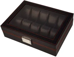 Color Glass Top Carbon Fiber Faux Leather Upscale entertain Watch Box- 10 Watch Slots Sleek Black 