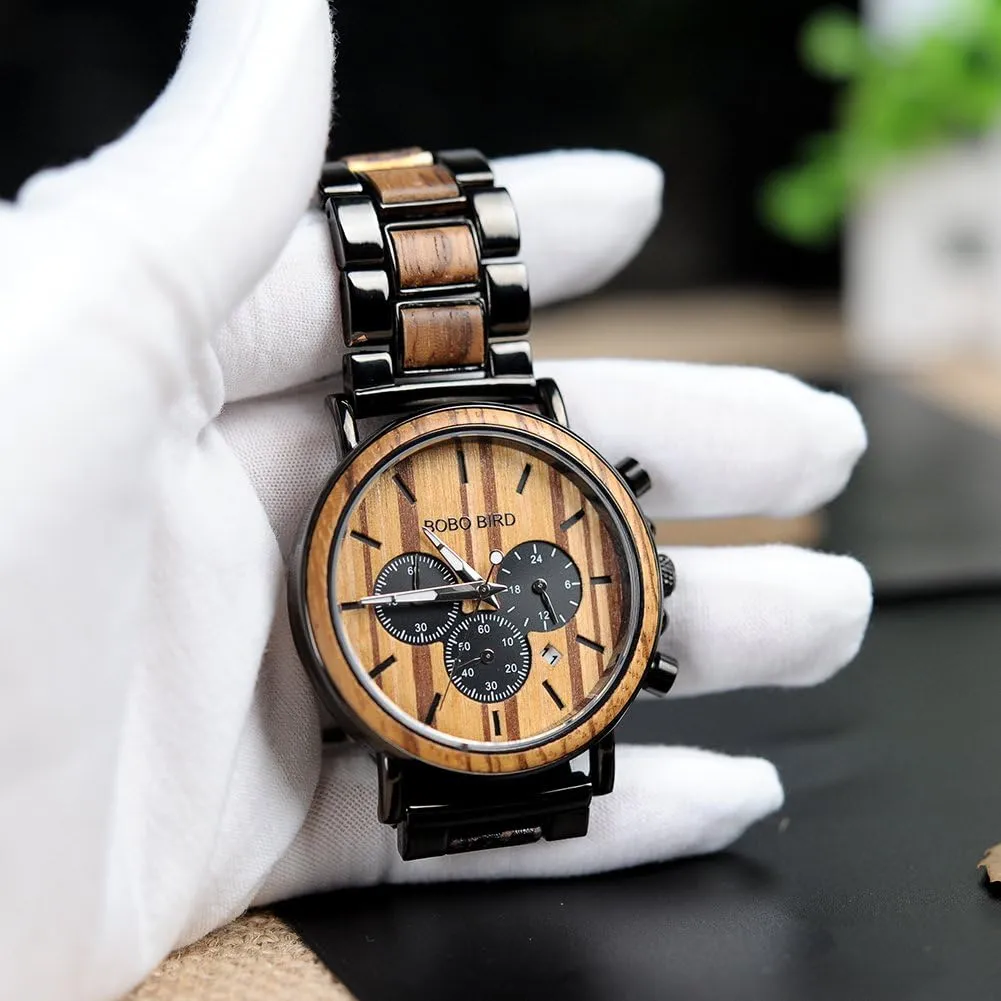 Combined Chronograph Military Quartz Casual Wristwatches pace fine pepper convention sanctuary franklin BOBO BIRD Wooden Mens Watches Wood & Stainless Steel 