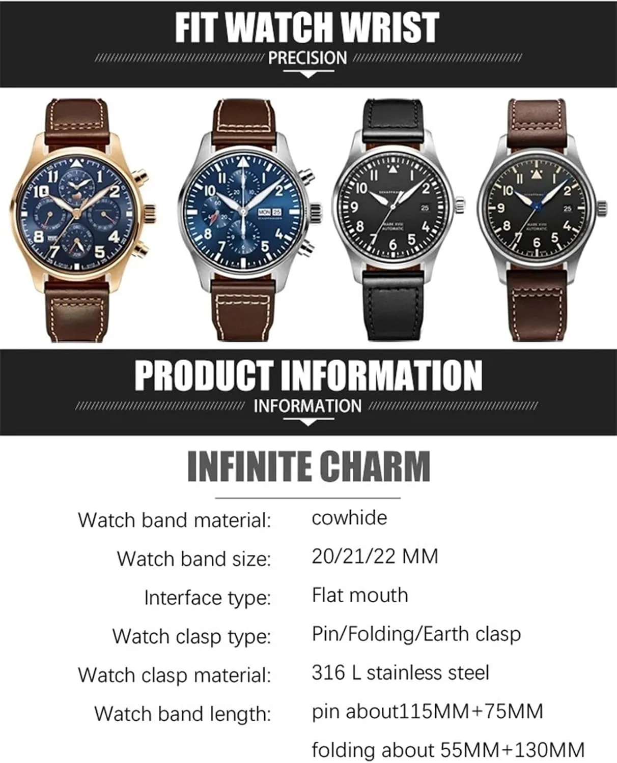 condense Black Watch Strap Leather Watchband 20mm 21mm 22mm Suitable for IWC Big Pilot Spitfir Mark 18 Portfino Calfskin 