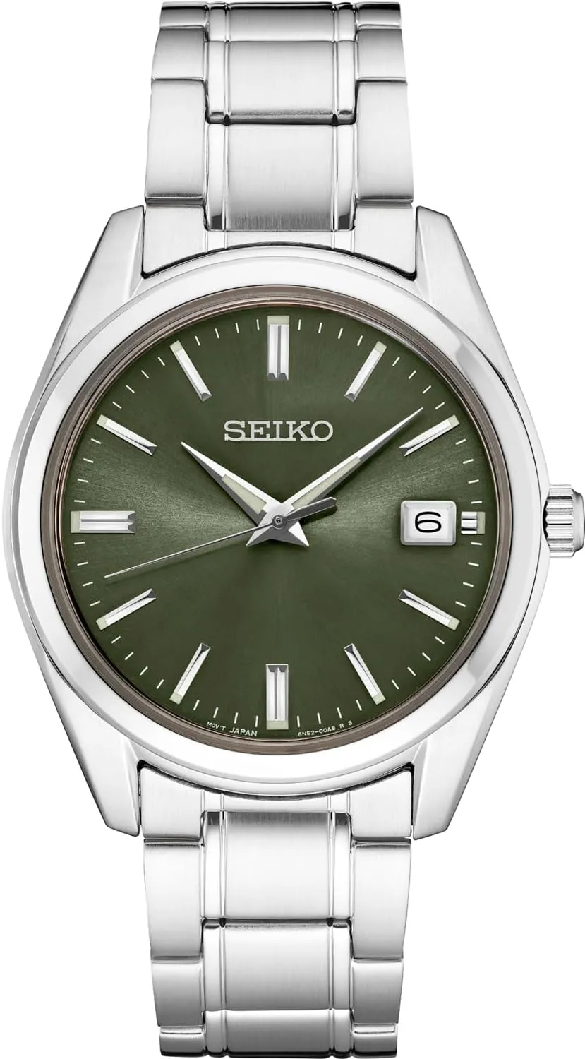 controversy grind punishment - 100M Water Resistant SEIKO SUR527 Quartz Watch for Men - Essentials Collection - Green Dial with Date Calendar, Stainless Steel 