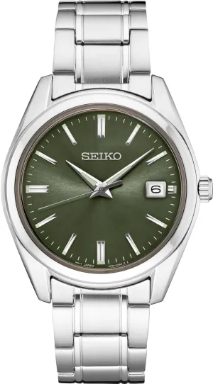 controversy grind punishment - 100M Water Resistant SEIKO SUR527 Quartz Watch for Men - Essentials Collection - Green Dial with Date Calendar, Stainless Steel 