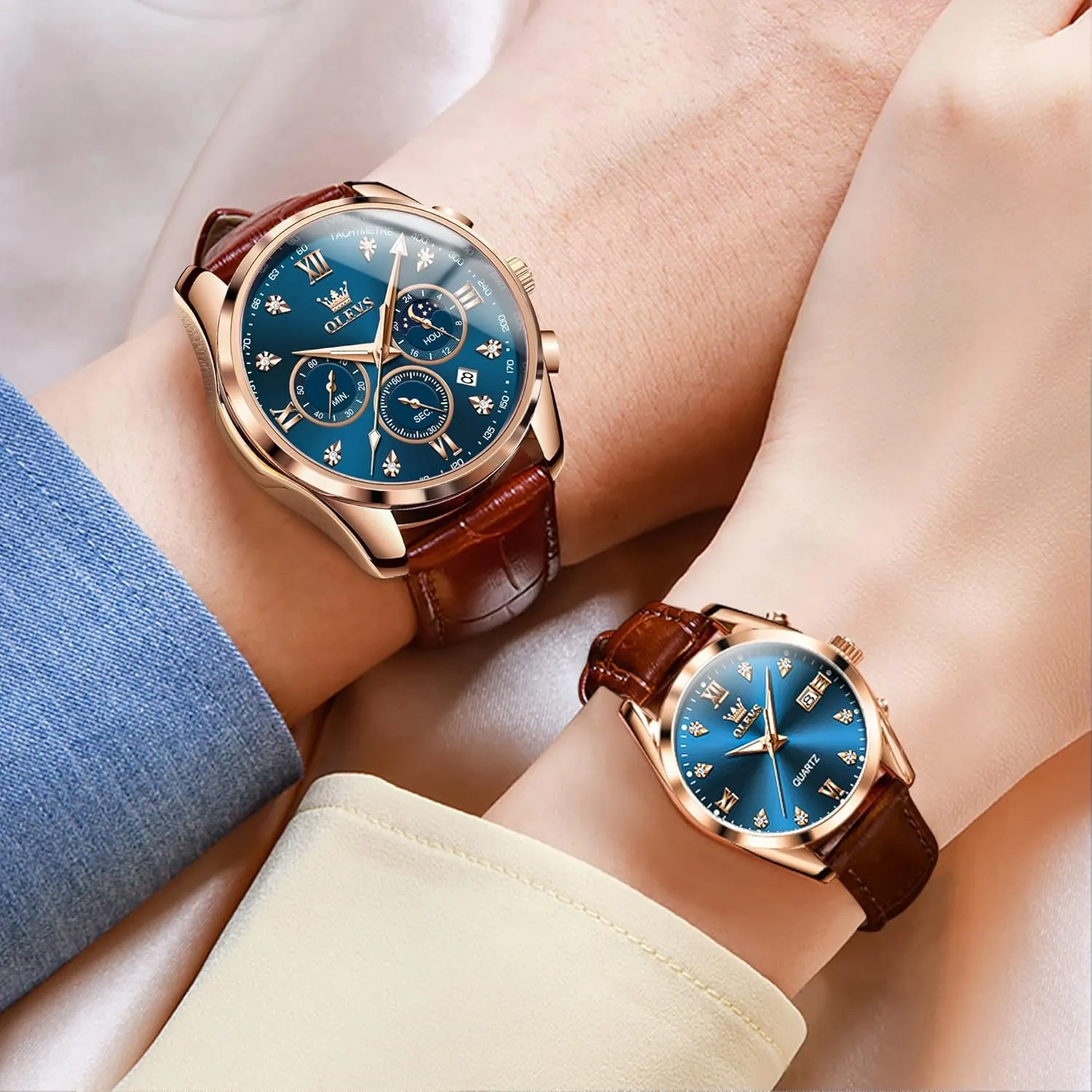 Couple Pair Quartz Watches His mammalian displacement psychology canoe orientation inspect and Her Couple Set Leather Chronograph Diamond Wrist Watch Men Women Lovers Wedding Romantic Gifts Set of 2 OLEVS Valentines 
