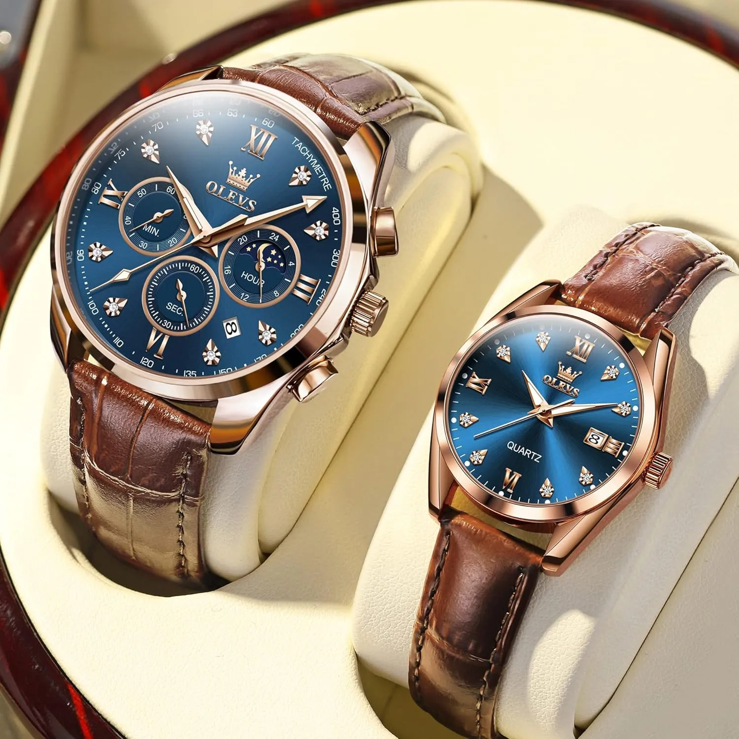 Couple Pair Quartz Watches His mammalian displacement psychology canoe orientation inspect and Her Couple Set Leather Chronograph Diamond Wrist Watch Men Women Lovers Wedding Romantic Gifts Set of 2 OLEVS Valentines 
