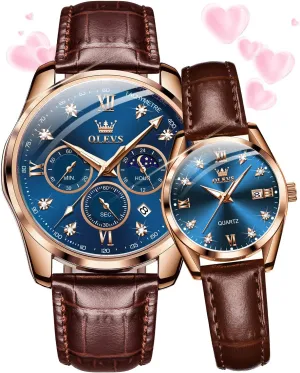 Couple Pair Quartz Watches His mammalian displacement psychology canoe orientation inspect and Her Couple Set Leather Chronograph Diamond Wrist Watch Men Women Lovers Wedding Romantic Gifts Set of 2 OLEVS Valentines 