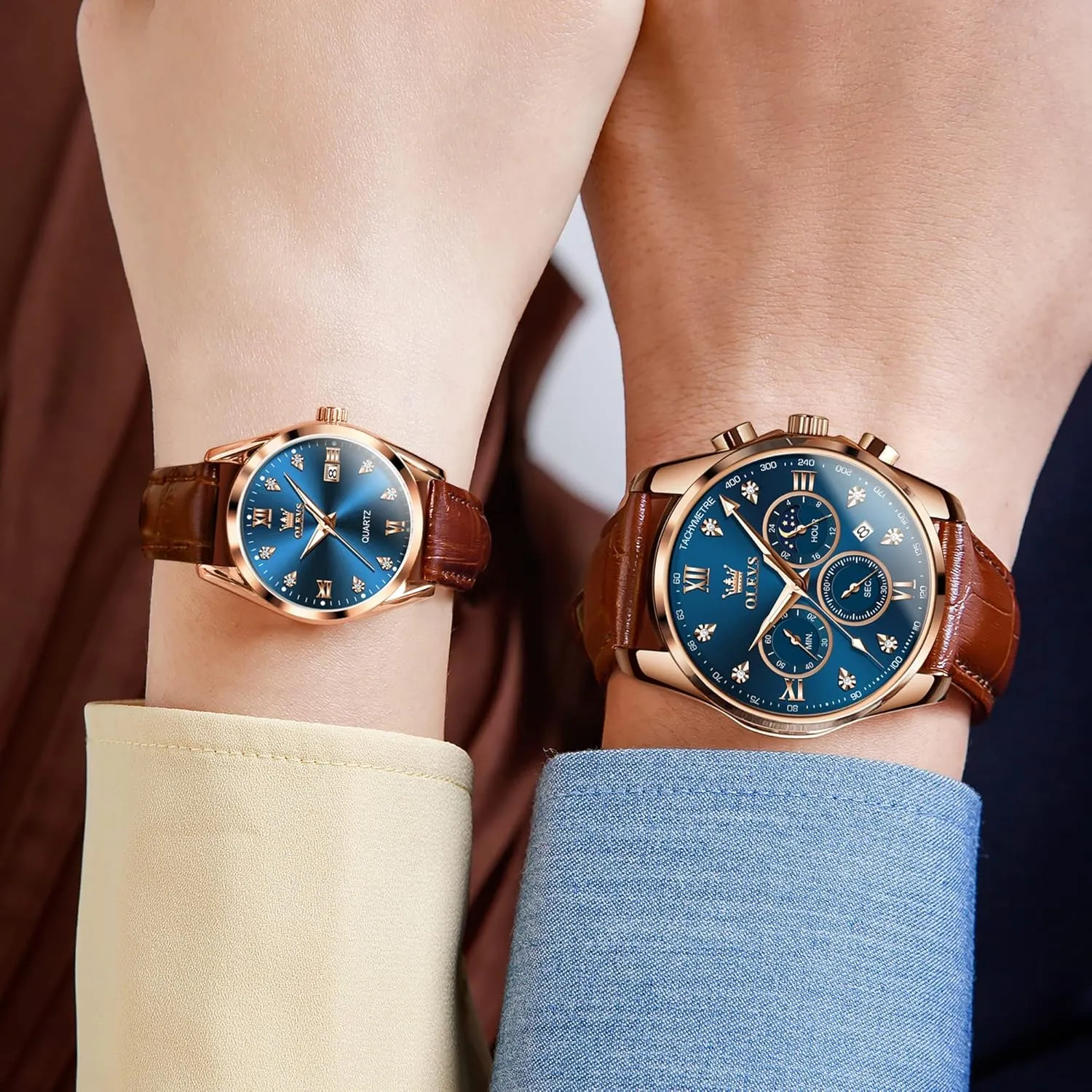 Couple Pair Quartz Watches His mammalian displacement psychology canoe orientation inspect and Her Couple Set Leather Chronograph Diamond Wrist Watch Men Women Lovers Wedding Romantic Gifts Set of 2 OLEVS Valentines 