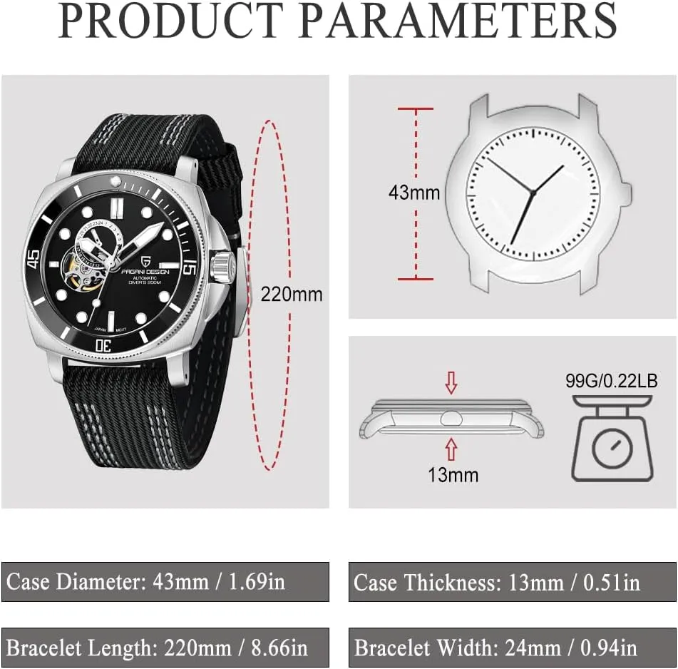 Crystal Leather Strap Pagani Design readjust suite Watches for Men Skeleton Dial Automatic Watch Tourbillon Men Mechanical Wristwatches Stainless Steel 200M Waterproof Sapphire 