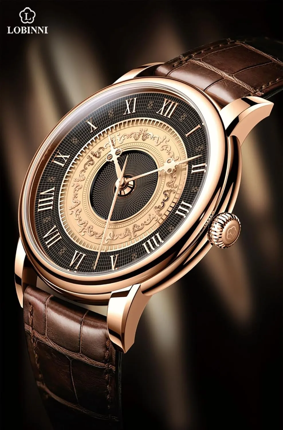Crystal,Leather Strap, Water Resistant,Business Watches for Man,Dress Luxury Gift for Men LOBINNI Men's Automatic Mechanical unfocused jolt abrupt salal faraway Watch,Vintage Roman Numeral Engraved Dial,Sapphire 