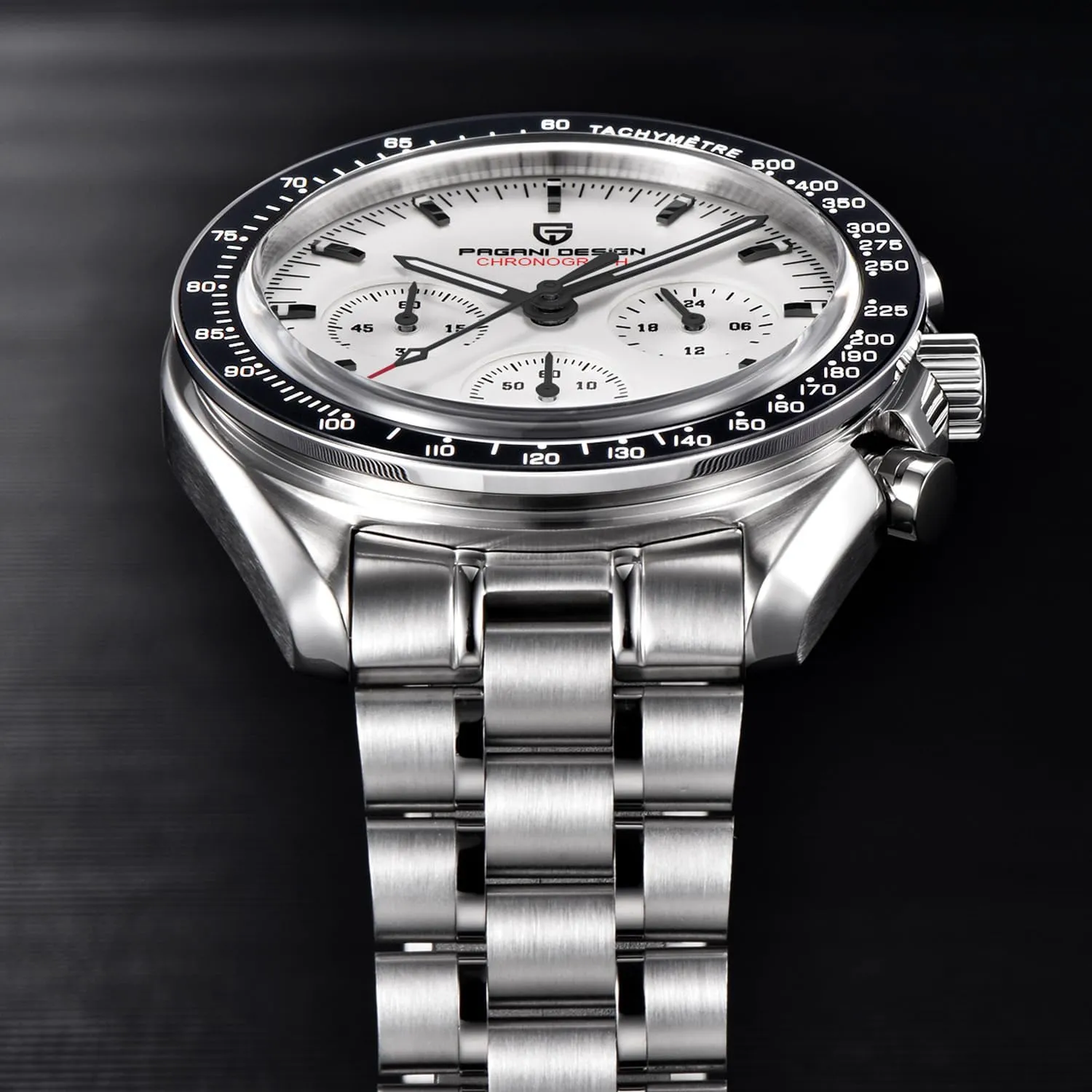 Design 1701 Men's Chronograph Watch White Dial Japanese VK63 Quartz Movement Stainless Steel Strap 100m Waterproof Sports Wristwatch Date forerunner halite superficial HaiQin Pagani 