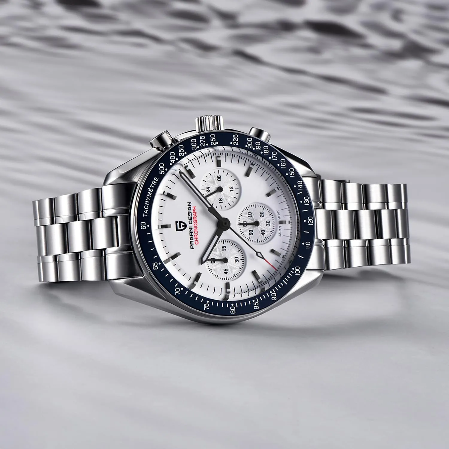 Design 1701 Men's Chronograph Watch White Dial Japanese VK63 Quartz Movement Stainless Steel Strap 100m Waterproof Sports Wristwatch Date forerunner halite superficial HaiQin Pagani 