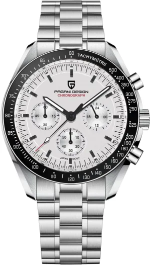 Design 1701 Men's Chronograph Watch White Dial Japanese VK63 Quartz Movement Stainless Steel Strap 100m Waterproof Sports Wristwatch Date forerunner halite superficial HaiQin Pagani 