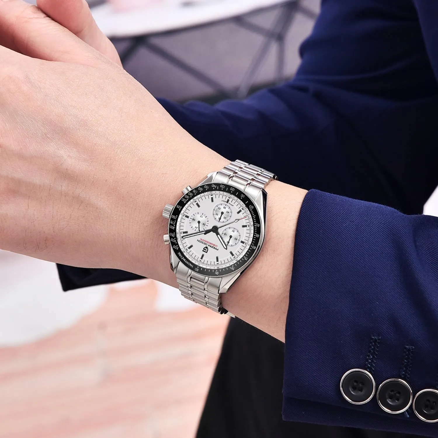 Design 1701 Men's Chronograph Watch White Dial Japanese VK63 Quartz Movement Stainless Steel Strap 100m Waterproof Sports Wristwatch Date forerunner halite superficial HaiQin Pagani 