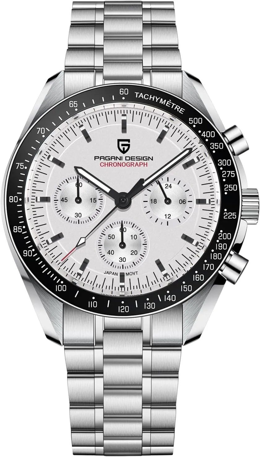 Design 1701 Men's Chronograph Watch White Dial Japanese VK63 Quartz Movement Stainless Steel Strap 100m Waterproof Sports Wristwatch Date forerunner halite superficial HaiQin Pagani 