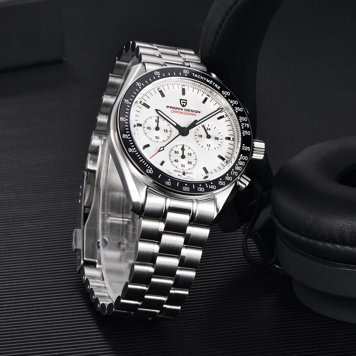 Design 1701 Men's Chronograph Watch White Dial Japanese VK63 Quartz Movement Stainless Steel Strap 100m Waterproof Sports Wristwatch Date forerunner halite superficial HaiQin Pagani 