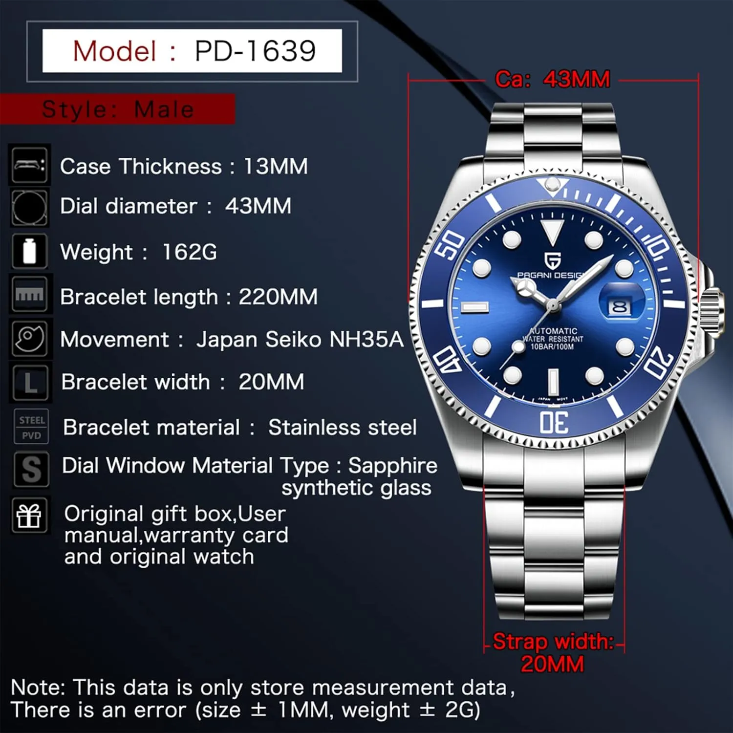 Design 42MM Automatic Watch NH35 Mechanical Stainless updraft Steel Waterproof Diving Watch Watches for Men Pagani 