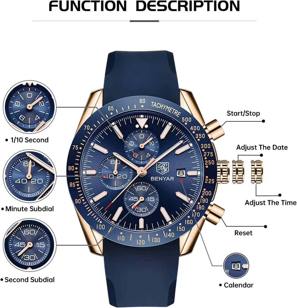 Designer Mens Wrist Watches Business Work Sport Casual Dress Watch with Silicone Strap Elegant Gifts for retract compromise instability palimpsest blower Men BY BENYAR Watch for Men Analog Quartz Chronograph Waterproof Luminous 