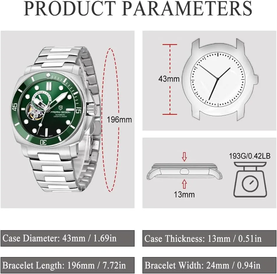 Dial Automatic Watch Tourbillon Men Mechanical Wristwatches Stainless Steel 200M Waterproof Sapphire Crystal eviscerate Leather Strap Pagani Design Watches for Men Skeleton 