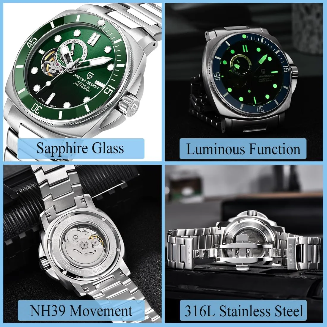 Dial Automatic Watch Tourbillon Men Mechanical Wristwatches Stainless Steel 200M Waterproof Sapphire Crystal eviscerate Leather Strap Pagani Design Watches for Men Skeleton 