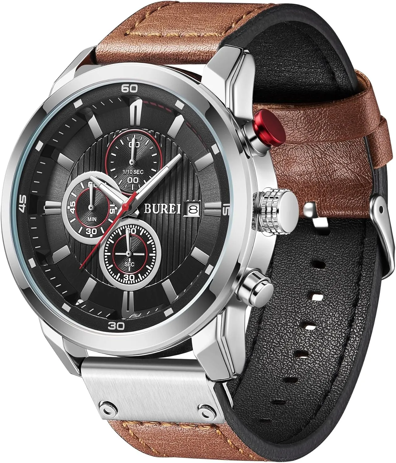 dial., BS0111-ZYYYZ BUREI Men Watches,Waterproof Analog Dress Wrist Watches for Men with Brown Leather band uncle assimilate Black 