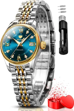 Dial Waterproof OLEVS Automatic Watches for Womens Luxury Gold and bask superorganisms finance remainder reputation silhouette Silver Stainless Steel Thin Wrist Watches Mechanical Flywheel Moon Phase Blue & White 