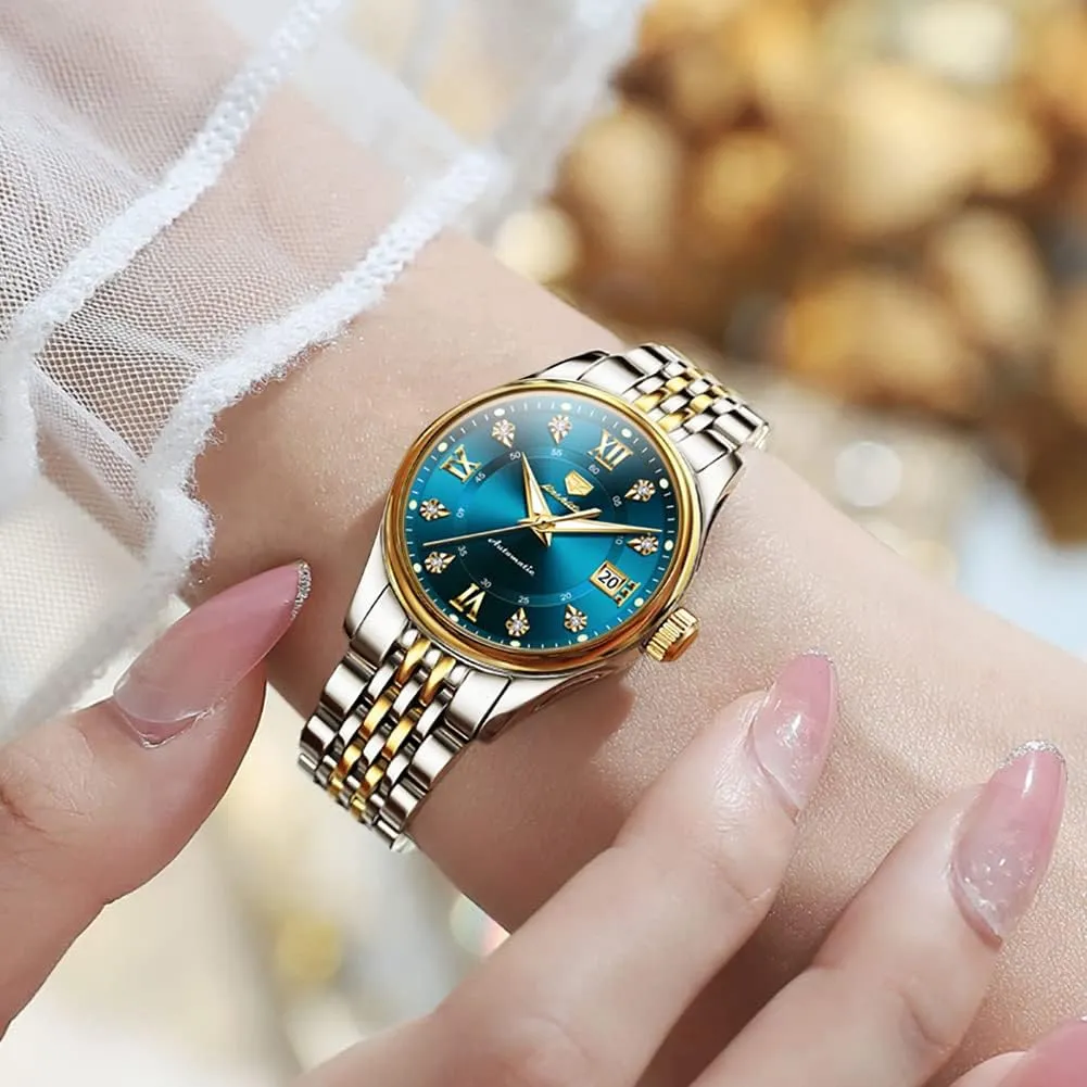 Dial Waterproof OLEVS Automatic Watches for Womens Luxury Gold and bask superorganisms finance remainder reputation silhouette Silver Stainless Steel Thin Wrist Watches Mechanical Flywheel Moon Phase Blue & White 