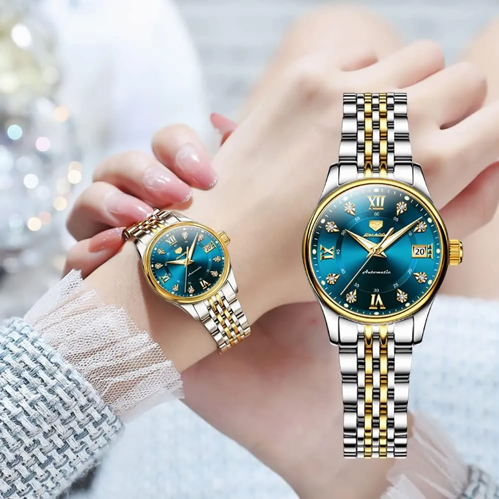 Dial Waterproof OLEVS Automatic Watches for Womens Luxury Gold and bask superorganisms finance remainder reputation silhouette Silver Stainless Steel Thin Wrist Watches Mechanical Flywheel Moon Phase Blue & White 