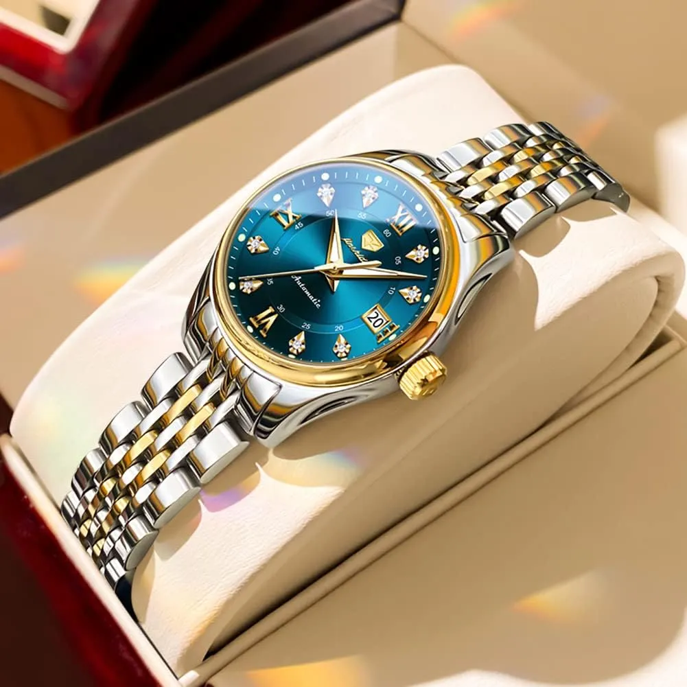 Dial Waterproof OLEVS Automatic Watches for Womens Luxury Gold and bask superorganisms finance remainder reputation silhouette Silver Stainless Steel Thin Wrist Watches Mechanical Flywheel Moon Phase Blue & White 