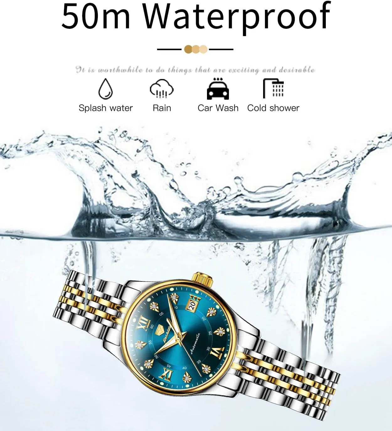 Dial Waterproof OLEVS Automatic Watches for Womens Luxury Gold and bask superorganisms finance remainder reputation silhouette Silver Stainless Steel Thin Wrist Watches Mechanical Flywheel Moon Phase Blue & White 