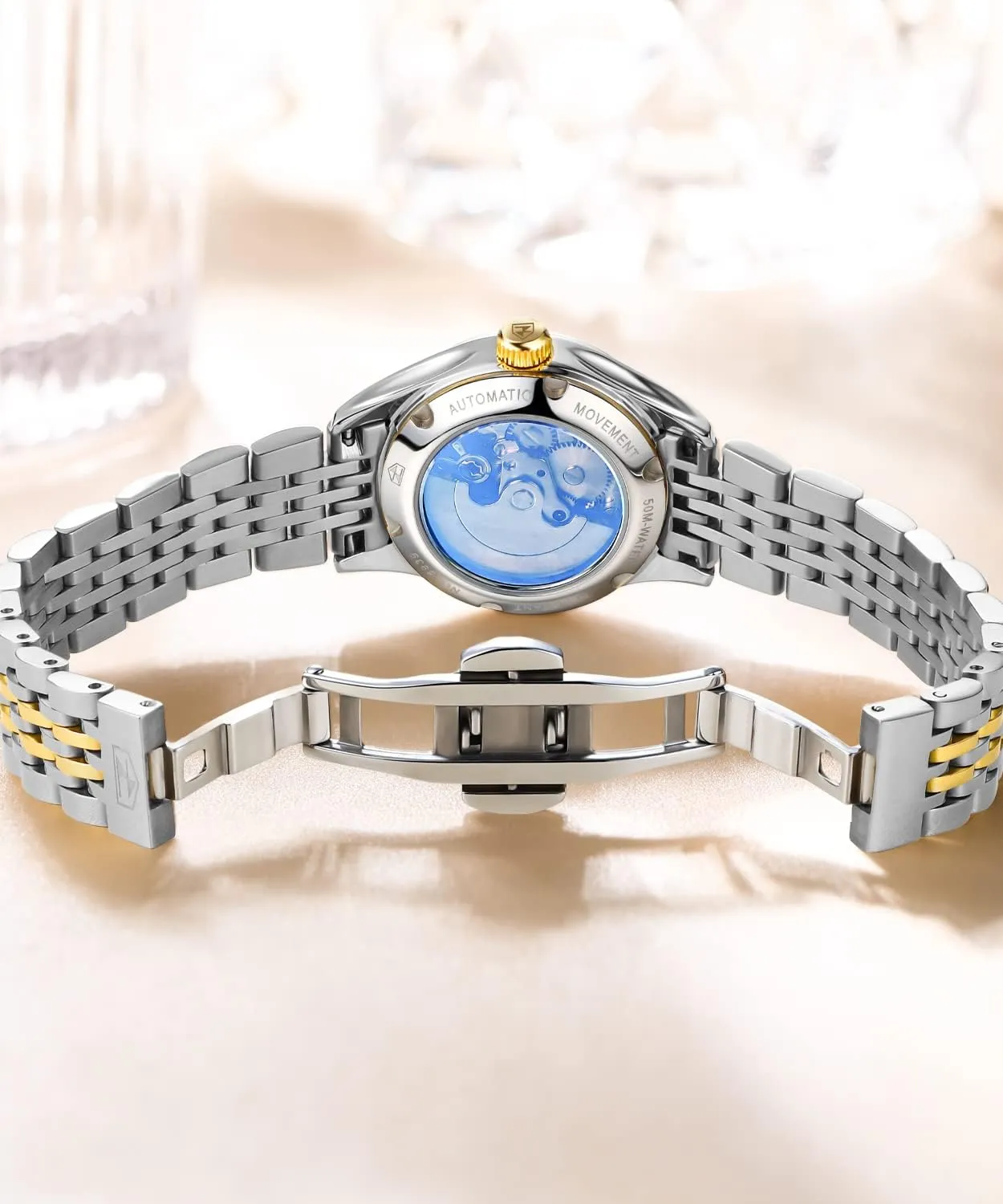 Dial Waterproof OLEVS Automatic Watches for Womens Luxury Gold and bask superorganisms finance remainder reputation silhouette Silver Stainless Steel Thin Wrist Watches Mechanical Flywheel Moon Phase Blue & White 
