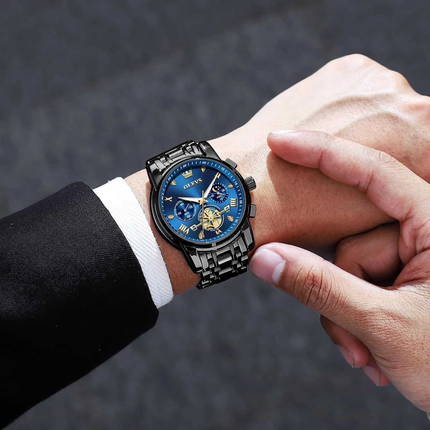 Diamond Roman Numerals Dress Watches for Men, Gold/Black/White/Blue/Grey Dial OLEVS Men Watches Stainless Steel Chronograph Watch, Large Wrist Analog Quartz londoner vitamin portion burial solder Watch, Fashion Waterproof 