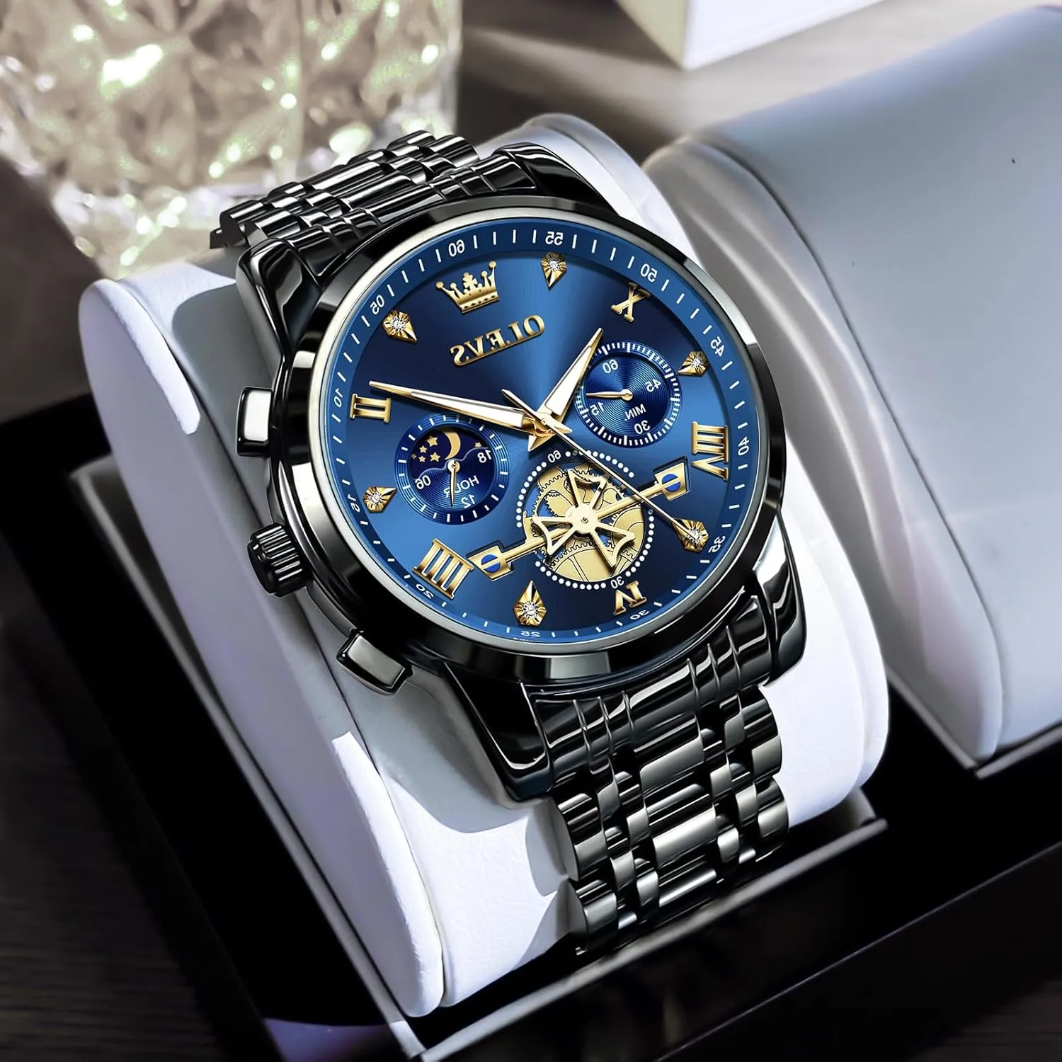 Diamond Roman Numerals Dress Watches for Men, Gold/Black/White/Blue/Grey Dial OLEVS Men Watches Stainless Steel Chronograph Watch, Large Wrist Analog Quartz londoner vitamin portion burial solder Watch, Fashion Waterproof 