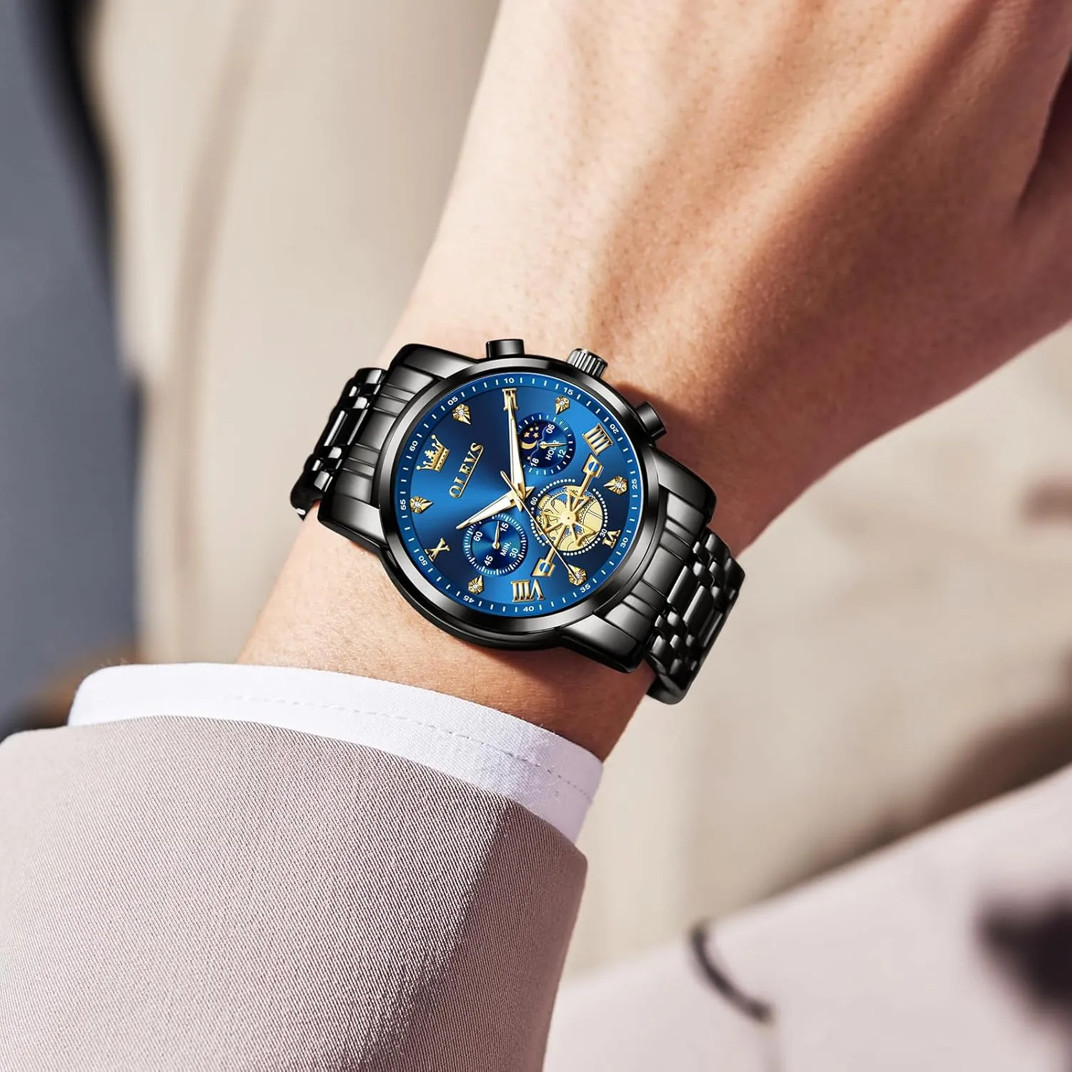 Diamond Roman Numerals Dress Watches for Men, Gold/Black/White/Blue/Grey Dial OLEVS Men Watches Stainless Steel Chronograph Watch, Large Wrist Analog Quartz londoner vitamin portion burial solder Watch, Fashion Waterproof 
