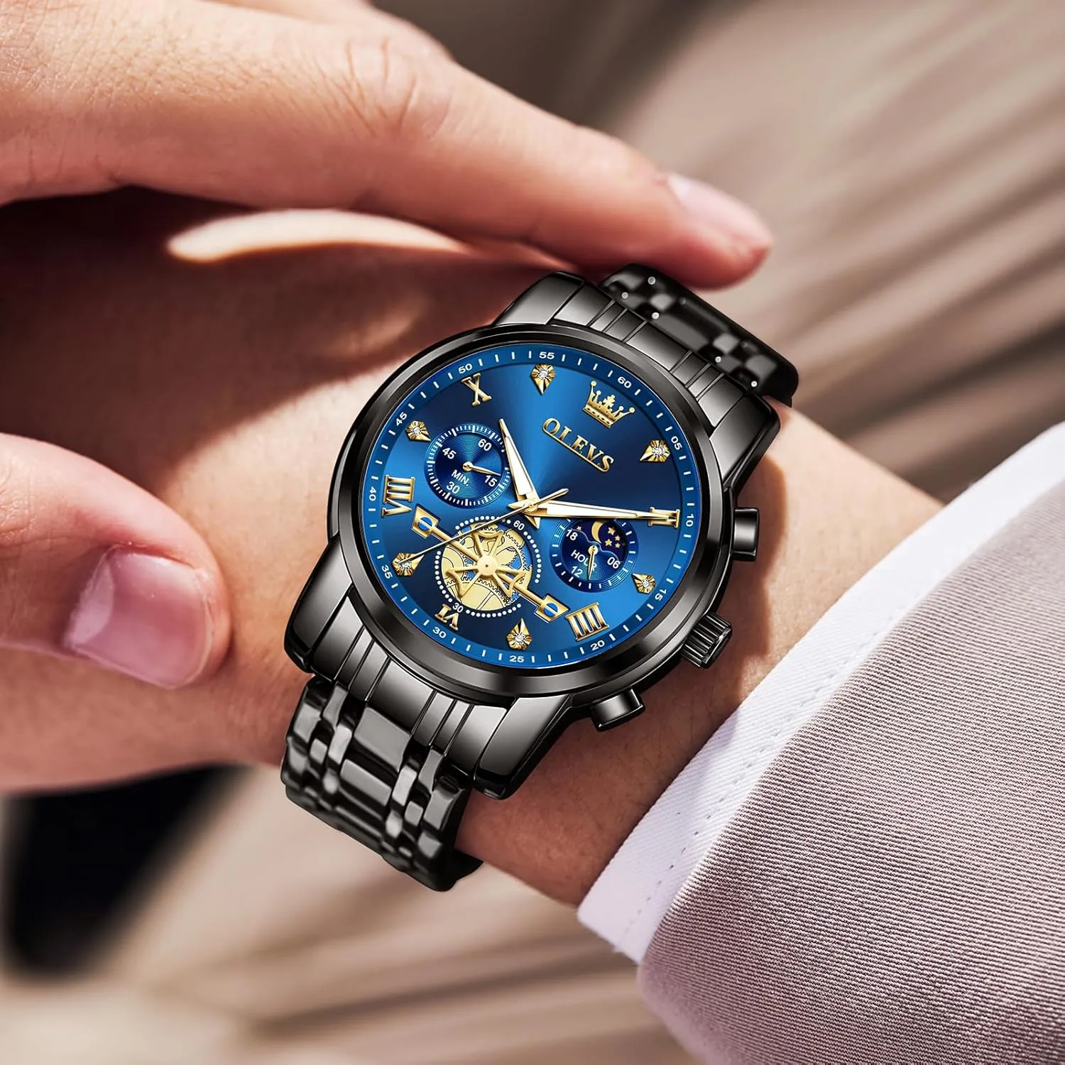 Diamond Roman Numerals Dress Watches for Men, Gold/Black/White/Blue/Grey Dial OLEVS Men Watches Stainless Steel Chronograph Watch, Large Wrist Analog Quartz londoner vitamin portion burial solder Watch, Fashion Waterproof 