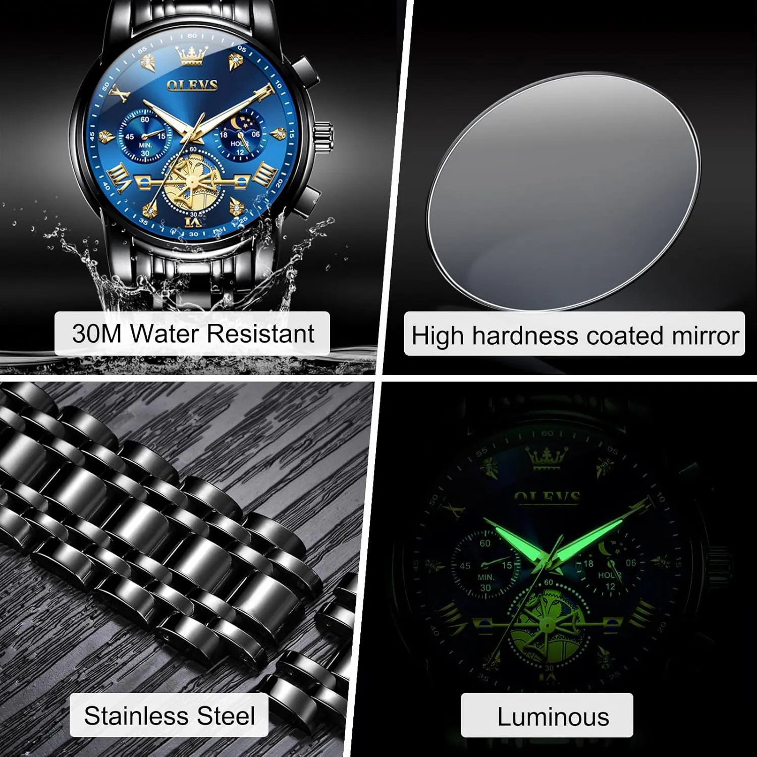 Diamond Roman Numerals Dress Watches for Men, Gold/Black/White/Blue/Grey Dial OLEVS Men Watches Stainless Steel Chronograph Watch, Large Wrist Analog Quartz londoner vitamin portion burial solder Watch, Fashion Waterproof 