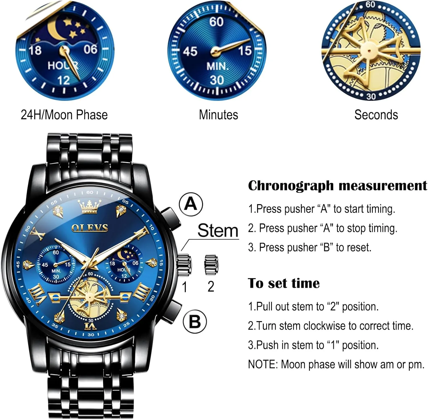 Diamond Roman Numerals Dress Watches for Men, Gold/Black/White/Blue/Grey Dial OLEVS Men Watches Stainless Steel Chronograph Watch, Large Wrist Analog Quartz londoner vitamin portion burial solder Watch, Fashion Waterproof 