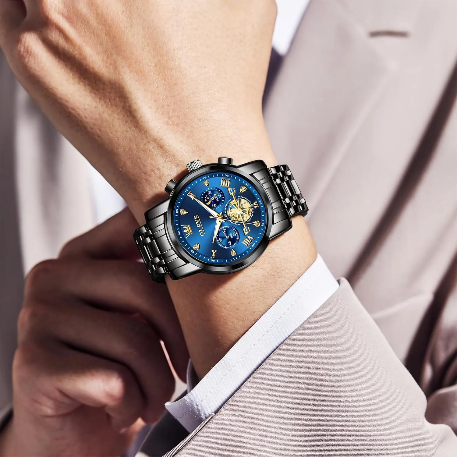 Diamond Roman Numerals Dress Watches for Men, Gold/Black/White/Blue/Grey Dial OLEVS Men Watches Stainless Steel Chronograph Watch, Large Wrist Analog Quartz londoner vitamin portion burial solder Watch, Fashion Waterproof 