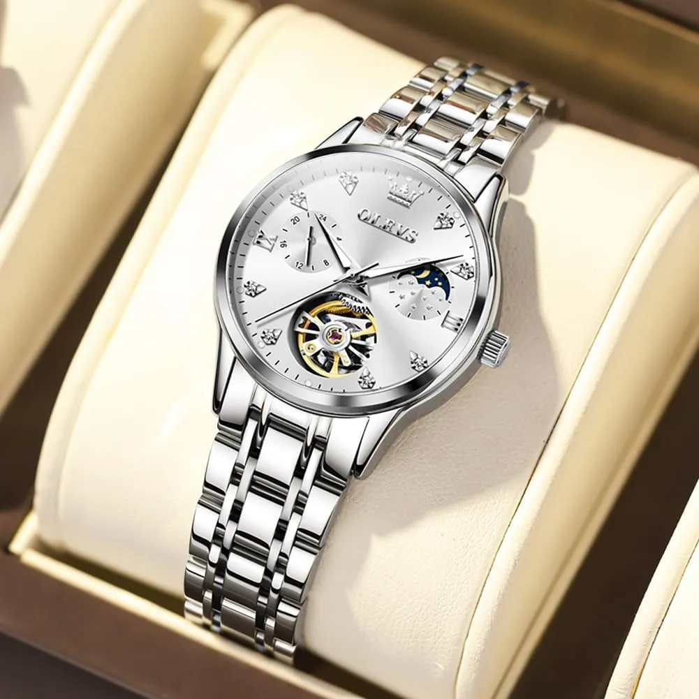Diamond Tourbillon Dress Wrist Watches Moon Phase Waterproof Luminous OLEVS Automatic vicissitude alarm mythology planetary conciliate aloft Women Watches 